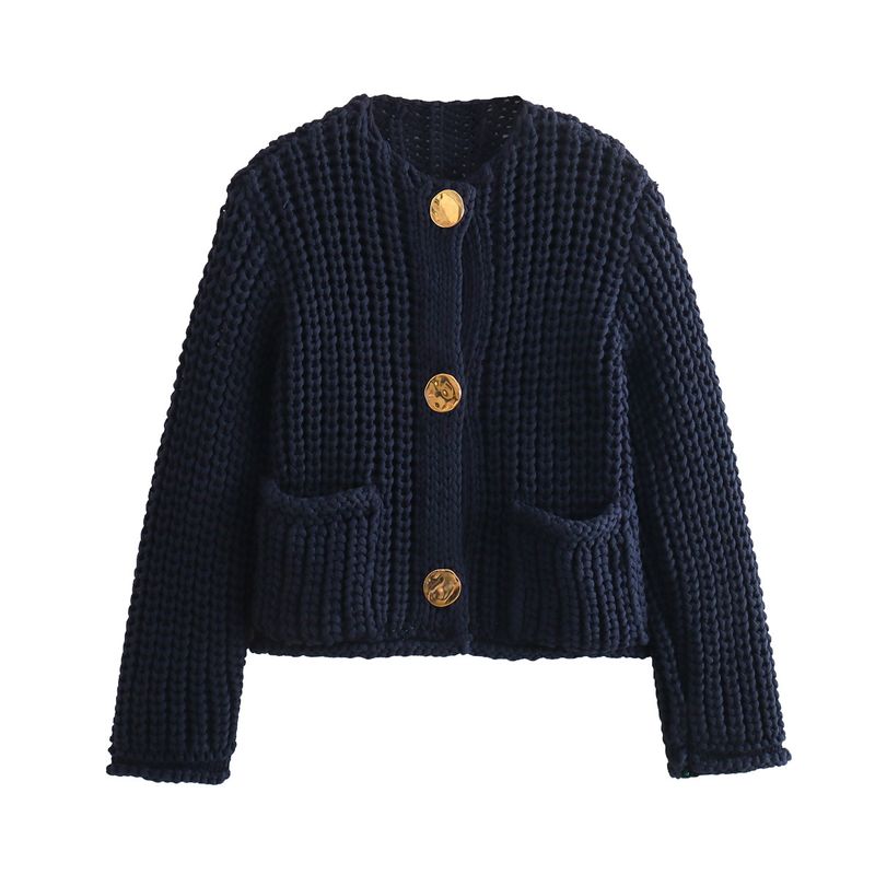 2024 Damen einfarbige einreihige Doppeltasche kurze grob gestrickte Pulloverjacke B66004_voghion.com