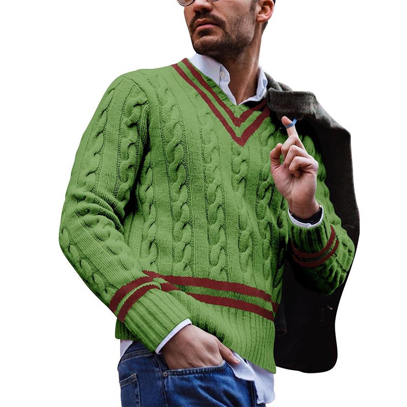 Herren-Pullover mit V-Ausschnitt, gestreift, passender Strickpullover, Herbst- und Wintermode für Herren_voghion.com