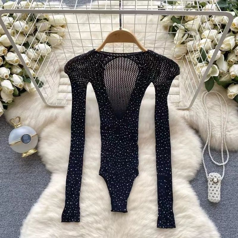 Sexy Pure Desire Hollow Out Rhinestone See-through Bodysuit Elegant Hot Girl Slim Fit Tight Home Jumpsuit Pajamas Trendy_voghion.com