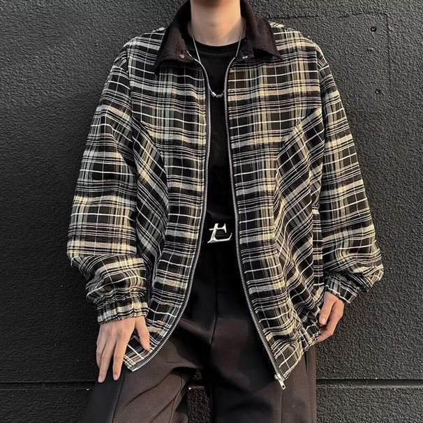 Giacca a quadri retrò alla moda per adolescenti con maniche lunghe larghe e lavate per uomini e donne_voghion.com