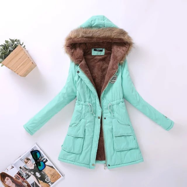 Cappotto ispessito da abbigliamento da donna, cappotto di cotone di media lunghezza con cappuccio di grandi dimensioni con collo in pelliccia, cappotto di cotone con coulisse in pile di agnello per donna_voghion.com