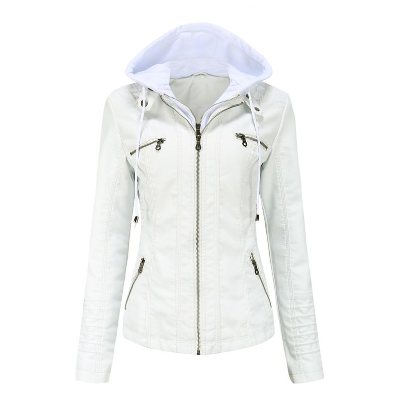 Zweiteilige abnehmbare Lederjacke mit Kapuze für Damen; Mantel in Übergröße_voghion.com
