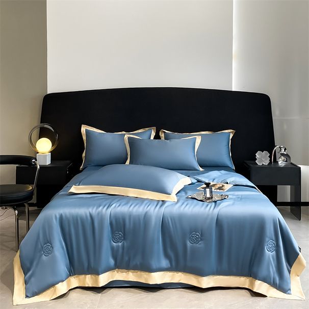 Pătură de vară mătăsoasă spălată cu broderie Camellia - pilotă ușoară pentru aer condiționat în culori solide_voghion.com