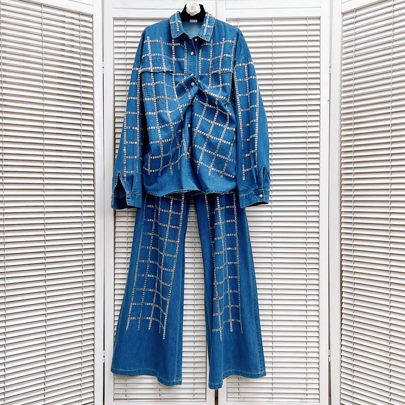 Women's Clothing design heavy diamond plaid denim shirt top loose hot diamond casual jeans suit_voghion.com