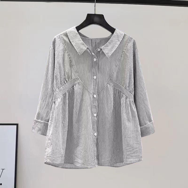 Roupas femininas primavera e outono, camisa pequena, fresca, azul claro, listrada vertical, design feminino, cintura, manga comprida, blusa solta_voghion.com