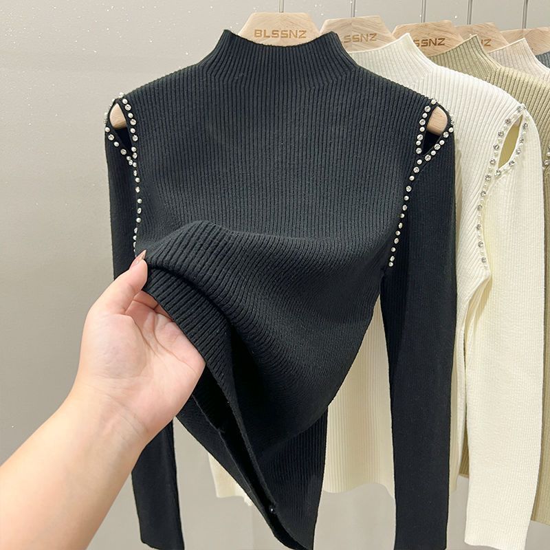 【 Cashmere Family 】 Halbhoher, kurzer Wollpullover mit hohlen Nagelperlen für Damen, dicke Strickware, Innenschicht_voghion.com