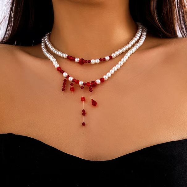 Collana di perle con goccia di sangue, stile gotico, con perline rotonde multistrato, per donna_voghion.com