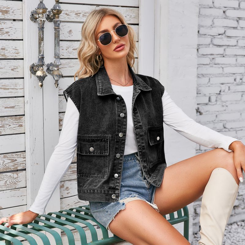 Îmbrăcăminte pentru femei Vestă nouă retro din denim slim spălată Vestă casual pentru femei_voghion.com