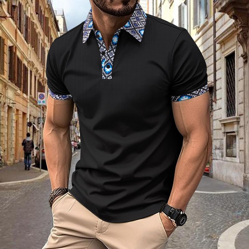 Men's Clothing  men's new waffle print lapel button short sleeved T shirt_voghion.com