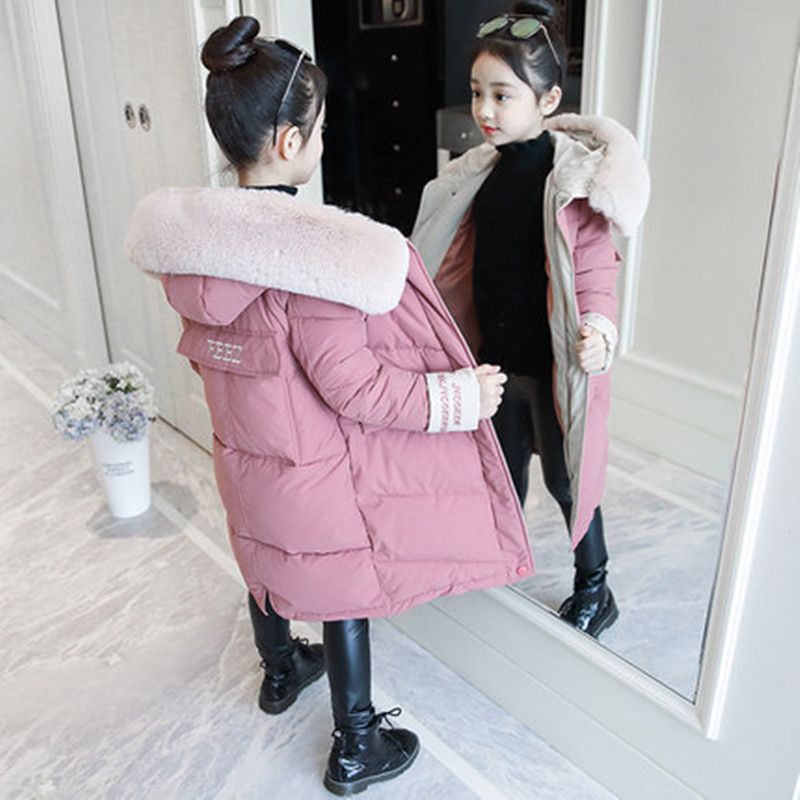 2025 Girls' Coat Medium Long New Model, Large Warm Jacket, Korean Version, Big Fur Collar, Children's Thick Cotton_voghion.com