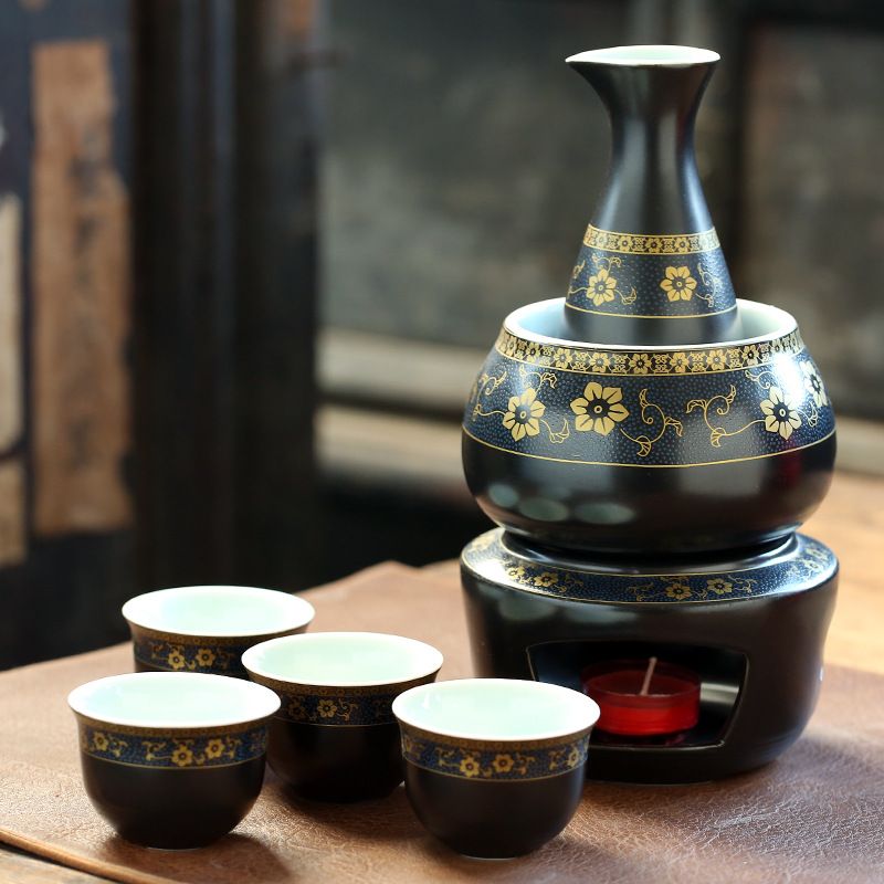 Conjunto de saquê japonês com aquecedor, conjunto de vinho de cerâmica com 7 peças, 1 jarra, 4 xícaras de saquê, 1 aquecedor de saquê, 1 fogão a vela_voghion.com