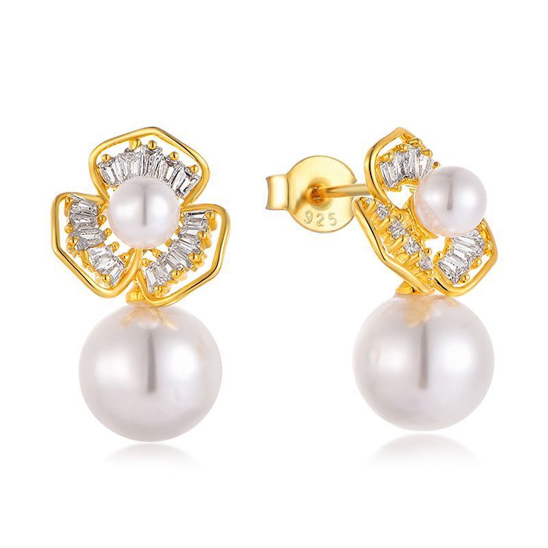Orecchini in argento sterling S925 con placcatura in oro vero, leggeri e di lusso, con perle e zirconi, gioielli per orecchie di nicchia leggeri e di lusso da donna_voghion.com