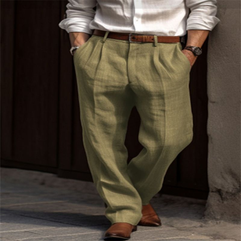 Herrenbekleidung Herrenhose aus Leinen, doppelt gefaltete Vordertaschen, gerade, einfarbig, bequem, atmungsaktiv, lässig, für den Alltag, Resort, Baumwollmischung, modisch_voghion.com