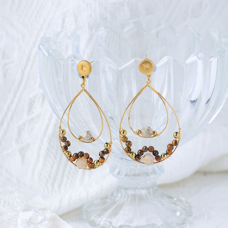 1 paio di orecchini pendenti in stile barocco, stile semplice, placcati in pietra con perline, cavi in acciaio inossidabile 304, pietra naturale, placcati in oro 14K_voghion.com