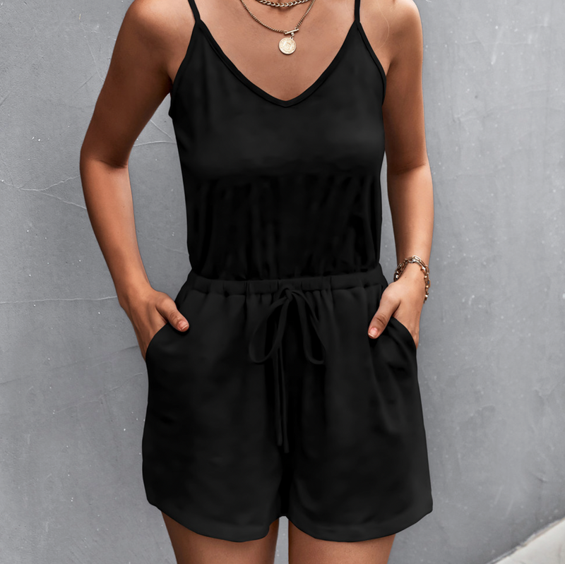 2023 Frühling/Sommer Neue Solide V-Ausschnitt Lose Casual Strap Jumpsuit Shorts_voghion.com