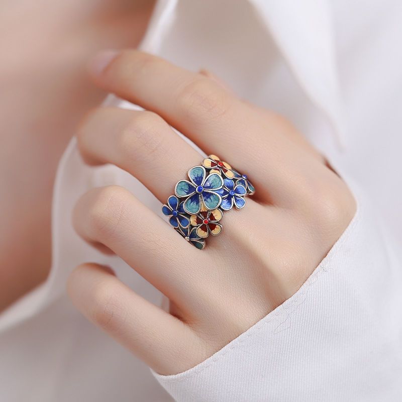 Mother's Day Gift Enamel Flowering Ring Retro Ethnic Style Opening Adjustable Creative Index Finger Ring_voghion.com