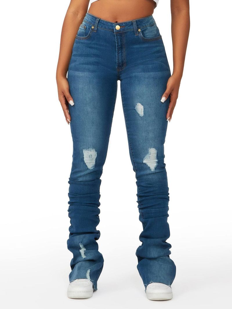 Women's Clothing High Waist Layered Denim Flared Pants Trendy Slim Fit Ripped Slimming Ladies Straight Barrel Pants_voghion.com