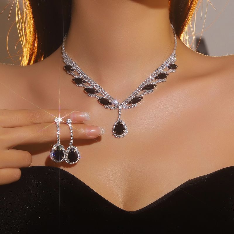 Kupfer Inlay Wassertropfen Quaste Strass Ohrringe Halskette Schmuck Set_voghion.com