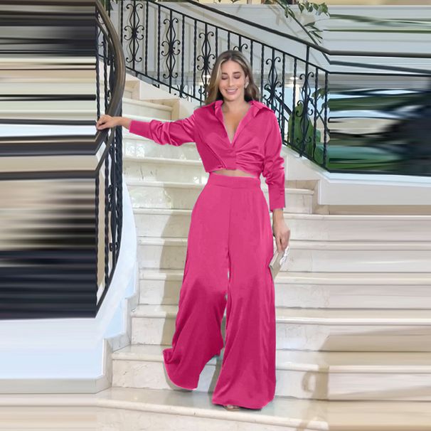 Damenbekleidung, Reversbluse und Hosen-Set, stilvolle Freizeitkleidung fürs Büro, bequemer Polyester-Stretch, rosafarbenes Langarmhemd mit passender Hose_voghion.com