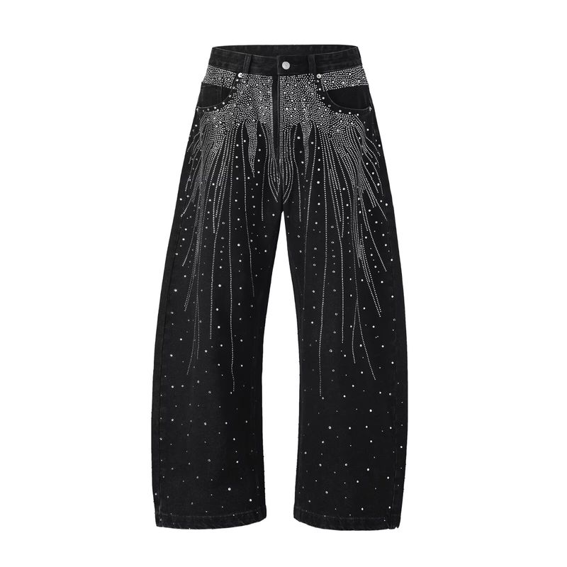 Jean large rétro Y2K avec galaxie de strass – Pantalon ample en denim vieilli pour homme et femme (S-XXXL, noir, non extensible)_voghion.com