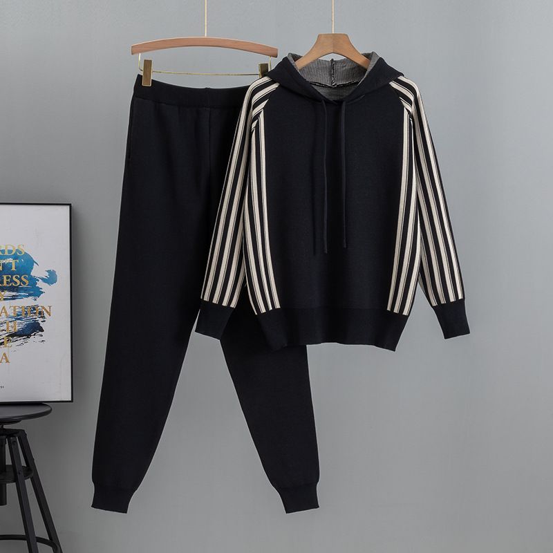 Women's Clothing Age Reducing Knitted Sweater Suit Women's Autumn Hooded Sweater High Waist Trousers Two Piece Suit_voghion.com