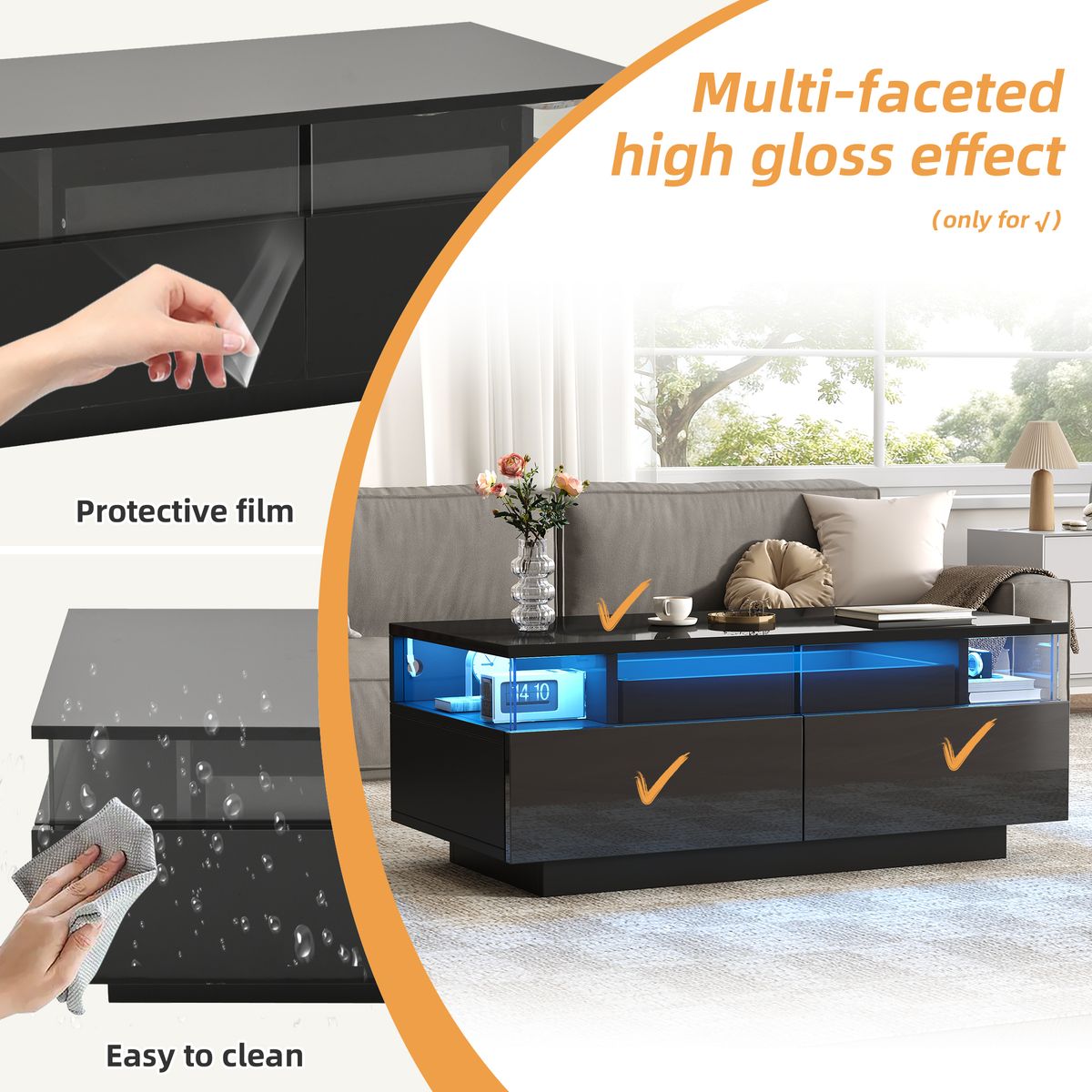 Table basse noire brillante 90 x 45 x 35,5 cm avec éclairage LED, table d'appoint en verre trempé avec 2 tiroirs et plateau pour salon_voghion.com