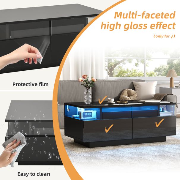 Table basse noire brillante 90 x 45 x 35,5 cm avec éclairage LED, table d'appoint en verre trempé avec 2 tiroirs et plateau pour salon_voghion.com