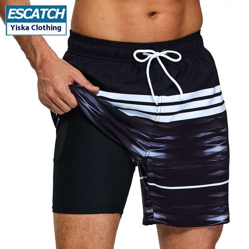 Nuovo costume da bagno stampato nero, bianco, grigio, pantaloni da spiaggia, pantaloncini sportivi a doppio strato da uomo 2 in 1, anti imbarazzo,_voghion.com