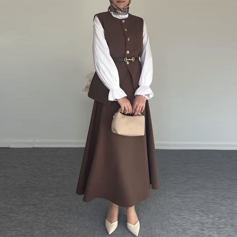 Vêtements pour femmes, nouvelle mode, couleur unie, simple boutonnage, ceinture, grande jupe trapèze_voghion.com