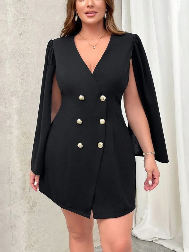 Elegante abito a trapezio da donna taglie forti con bottoni a doppio petto, gonna midi casual a maniche lunghe con scollo a V per autunno inverno_voghion.com