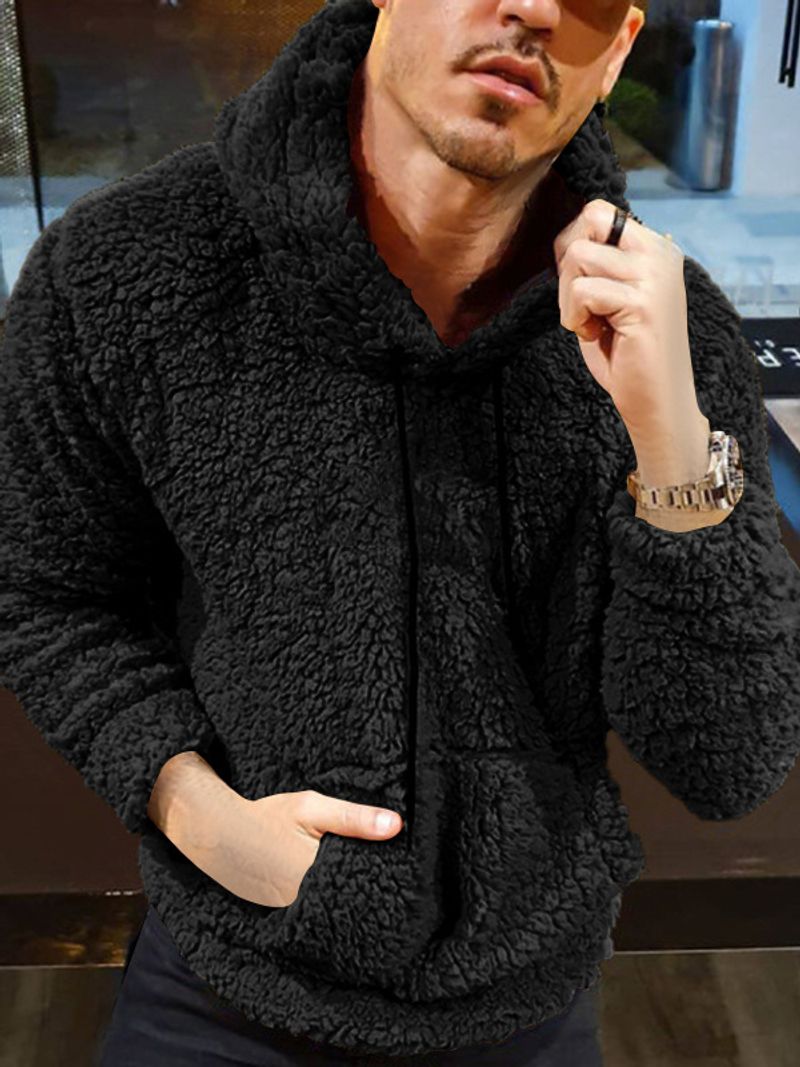 Sweat-shirt à capuche et manches longues avec cordon de serrage et appliqué Teddy Plush pour hommes_voghion.com