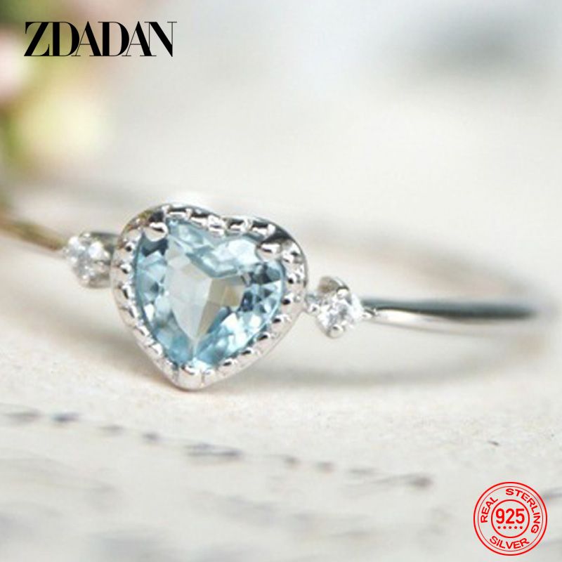 Ready Stock ZDADAN Sterg Sier Charm Herzförmiger Aquamarinring für Frauen Mode Verlobungsschmuck Party Geschenk_voghion.com