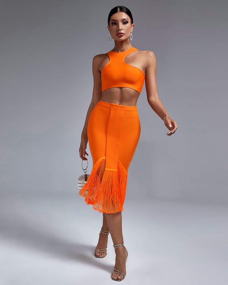 Ocstrade Neue Ankunft Frauen Outfits Sexy Fiess Bandage Rock Set 2 Stück Crop Tank Top Und Quaste Midi Rock set133_voghion.com