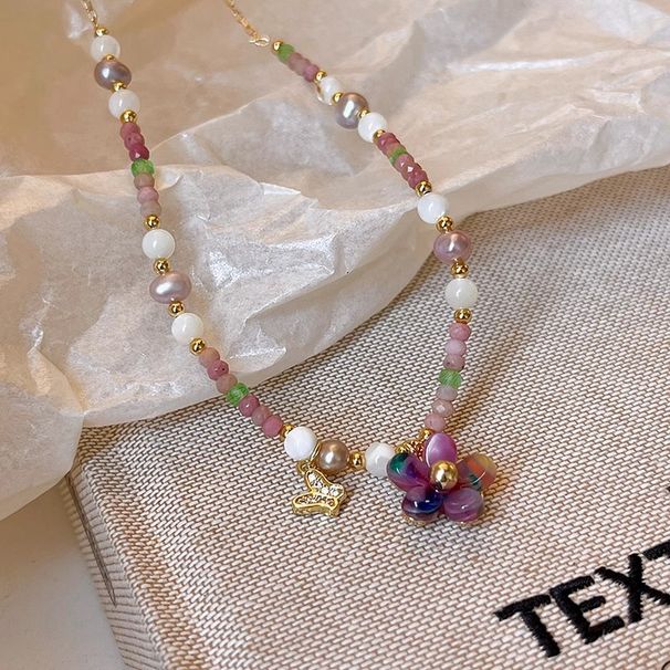 Ciondolo a forma di fiore con perline colorate in pietra naturale dal temperamento versatile, collana da donna con perle e dopamina per le vacanze,_voghion.com