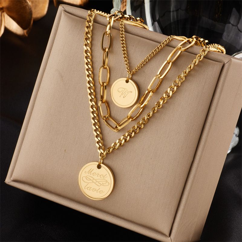European and American cross-border fashion simple multi-layer retro stacking metal titanium steel engraved round pendant jewelry clavicle necklace_voghion.com