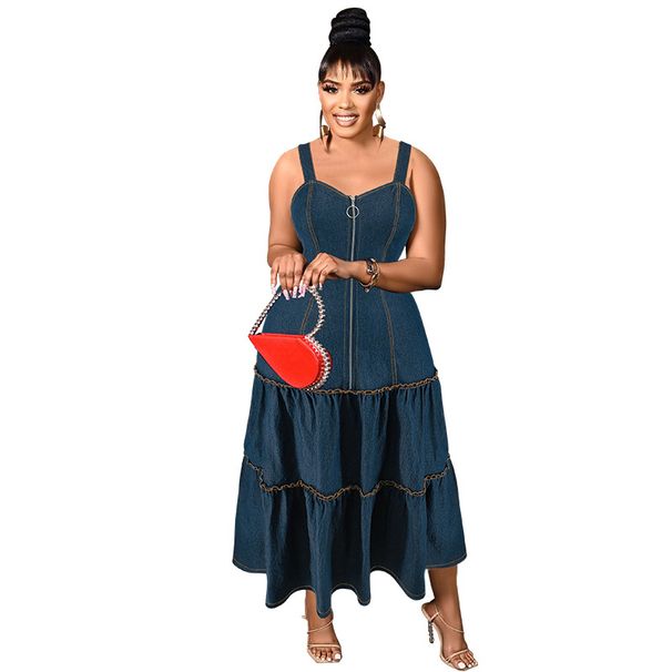 Jeanskleid für Damen in Übergröße – ärmelloser, langer Maxi-Jeanspullover mit Riemchenmuster und verwaschenem Denim_voghion.com