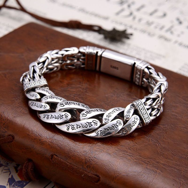 Bracciale da polso da uomo in argento tailandese stabile, placcato in argento, con mantra a sei parole, nuovo e strutturato_voghion.com