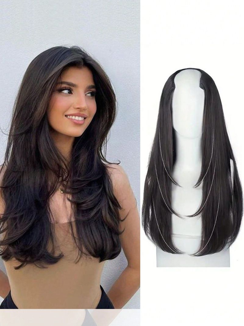 Synthetische lange gerade Extenisons 22 Zoll Clip-in-Haarverlängerung V-Form hitzebeständige Haarteile für Frauen Mädchen_voghion.com