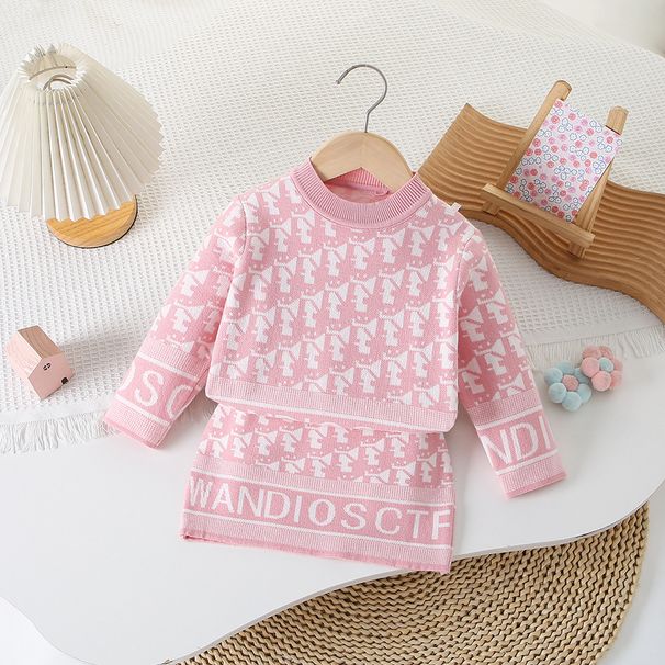 Completo abito in maglia per bambine con stampa jacquard di lettere - Completo autunno-inverno per neonati (90-130 cm)_voghion.com