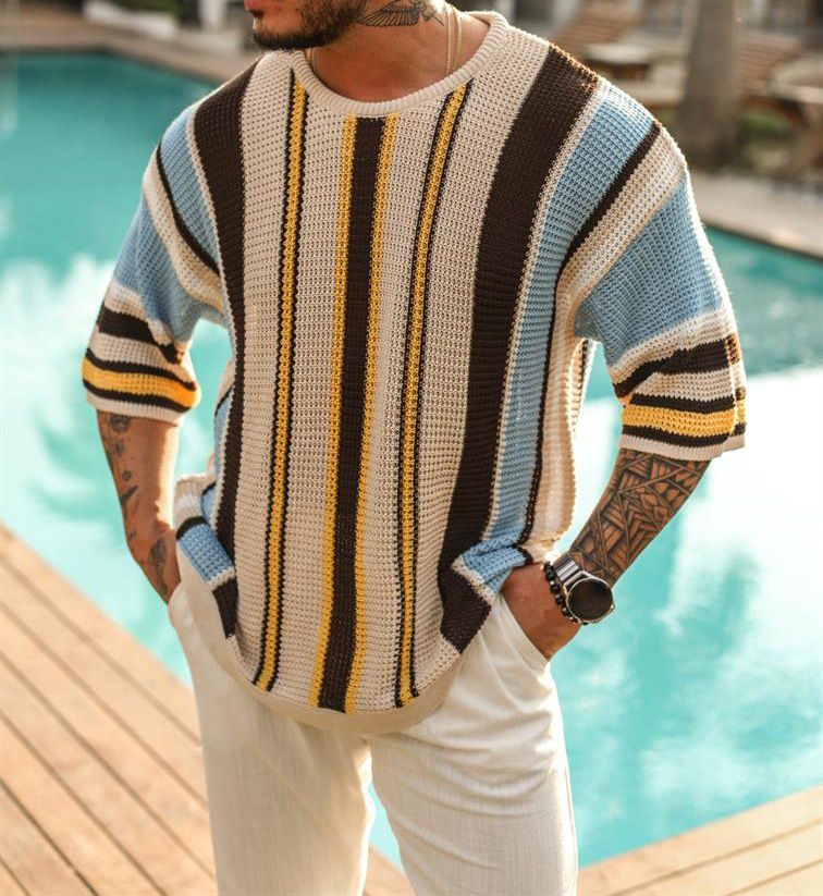 Men's Casual Striped Knit Sweater - Soft Loose Fit Crewneck Long Sleeve Pullover For Big & Tall​_voghion.com