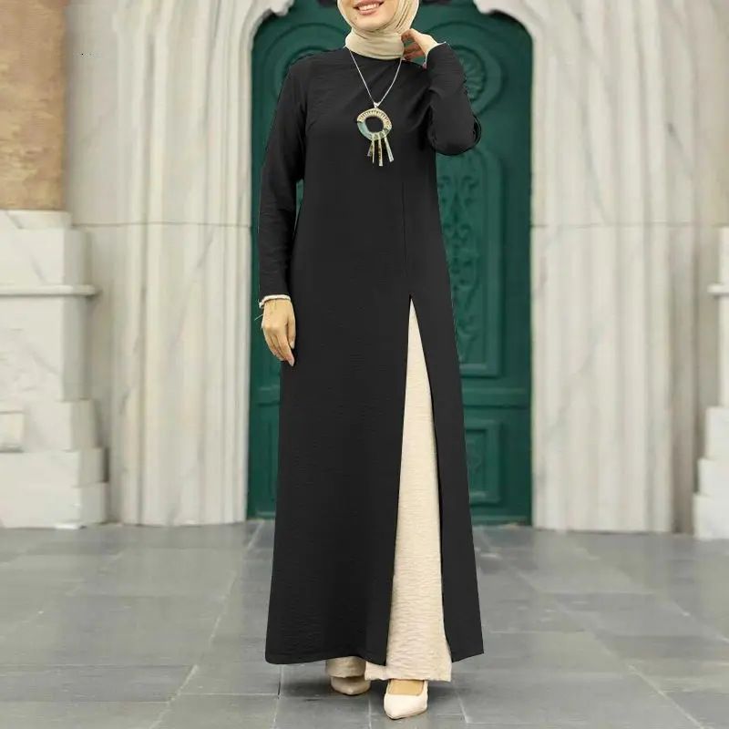 women's ice silk wrinkled long-sleeved high-slit hem dress fashionable solid color elegant intellectual ladies robe_voghion.com