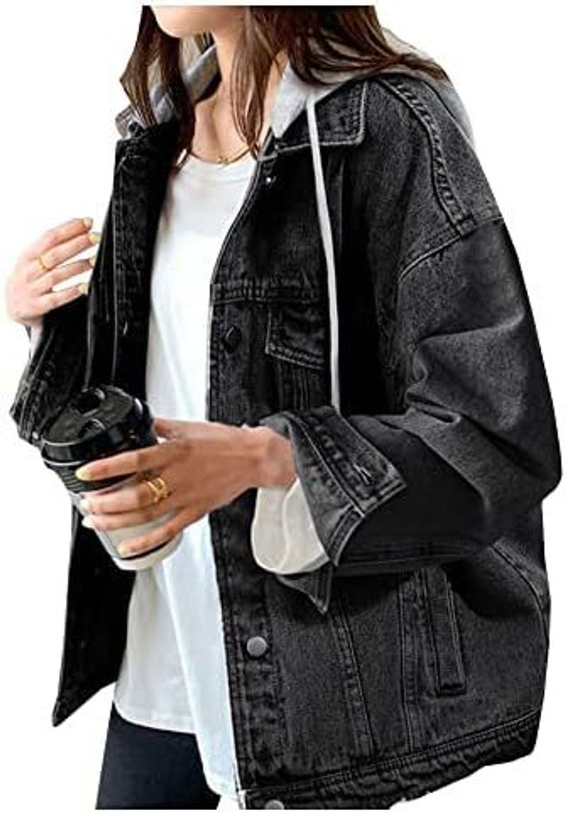 Veste à capuche décontractée en jean pour femme – Coupe ample, légère et élégante pour le printemps et l'automne (noir, bleu)_voghion.com