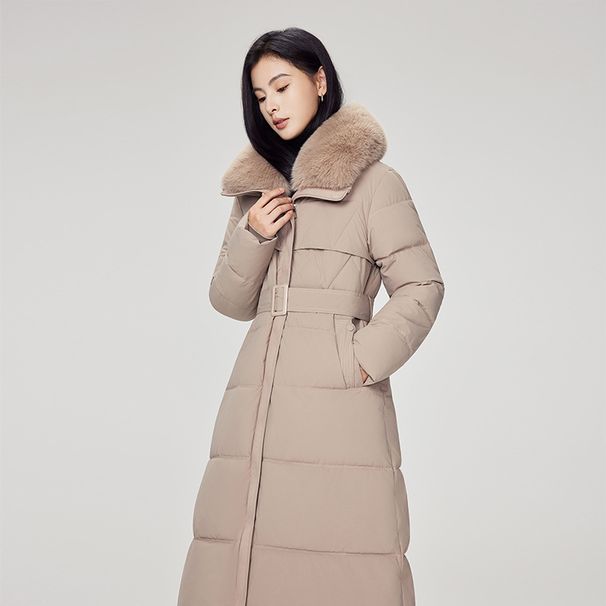 Longline Belted Puffer Coat With Detachable Faux Fur Trim – Winter Trench-Style Quilted Jacket (4 Office-to-Event Colors)_voghion.com