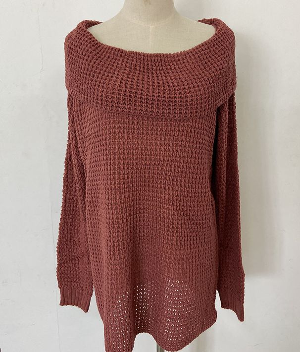Women's one-line collar off-shoulder lapel sweater loose large version solid color sexy sweater_voghion.com