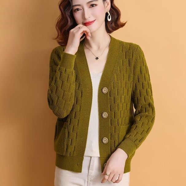 【Kašmira ģimene】 V veida kakla vilnas kardiganjaka, sieviešu rūtainais temperaments, mātes adīts džemperis no ārējā slāņa,_voghion.com