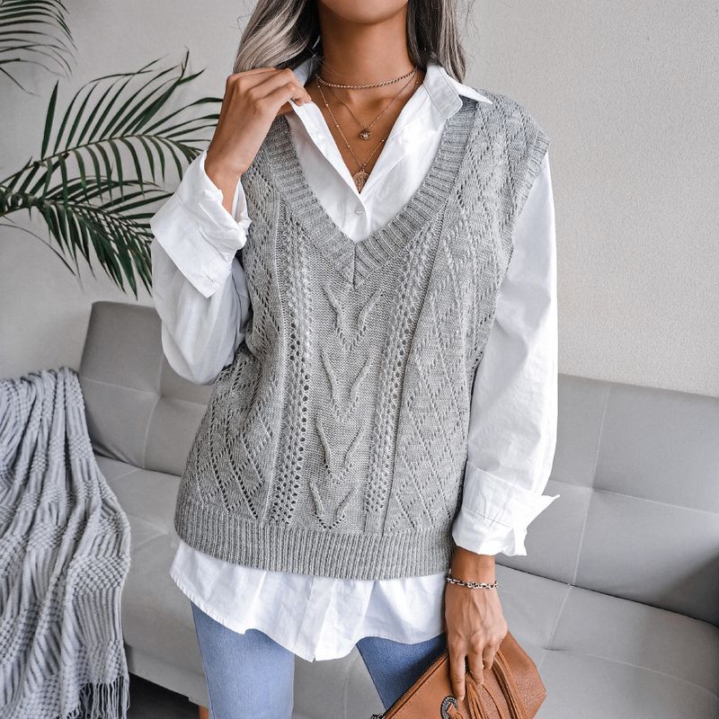 Pull tricoté à col en v pour femme, vêtement style Ins, ajouré et torsadé, collection automne et hiver 2023_voghion.com