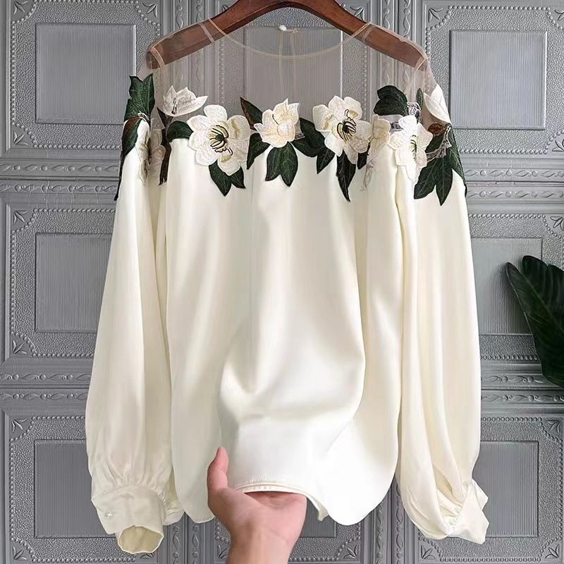 Damenbekleidung Design Nischenspitze Spleißen Besticktes Kragenhemd Damen 2024 Herbst Neue Mode Langarm Temperament Drapiertes Hemd_voghion.com