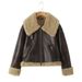 Women's Faux Fur & Fleece Bomber Jacket - Winter Fashion Outerwear, Street Style, Loose Fit, Short Length, Zip-Up, Deep Brown_voghion.com