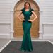 Elegant Satin Evening Gown With Flutter Sleeves Stunning Emerald Green & Wine Red Formal Dress For Galas & Parties ( Slim Fit With Waist Draping)_voghion.com