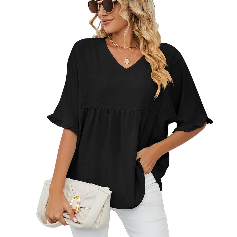 Damenbekleidung, einfarbig, V-Ausschnitt, lockeres, plissiertes Panel, mittlere Ärmel, Chiffon-Oberteile_voghion.com